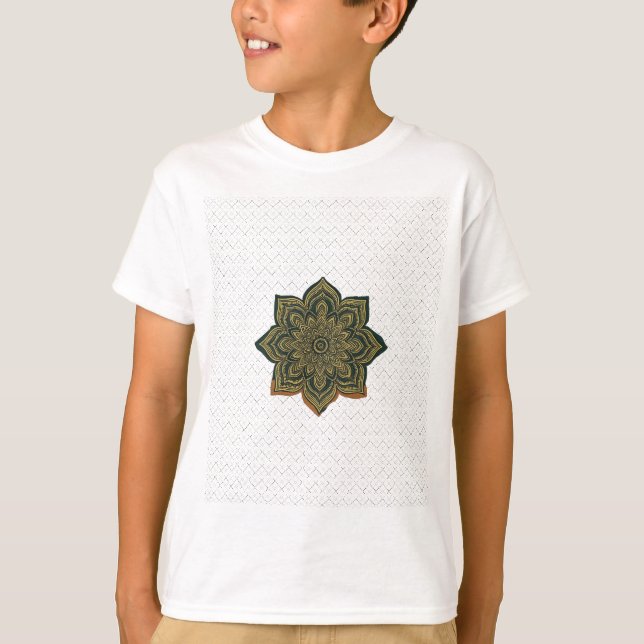 Mandala Flower Art. Grönt Guld Zen Decor T Shirt (Framsida)