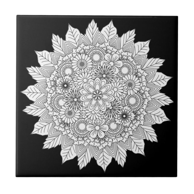 Mandala Flower Black and White Ceramic Tile Kakelplatta (Framsidan)