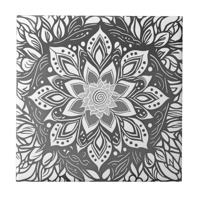 Mandala Flower in Black and white Kakelplatta (Framsidan)