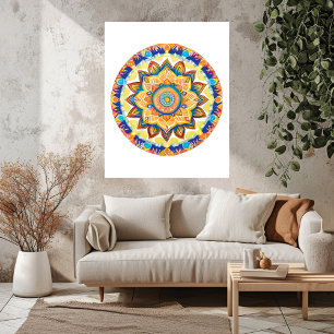 Mandala Flower Magic Blue Watercolor Fototryck