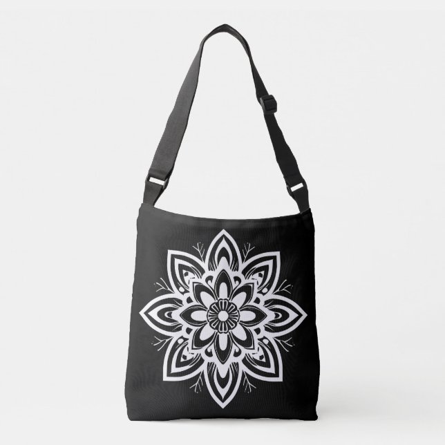 Mandala Flower Mönster i Black and White Axelväska (Framsida)