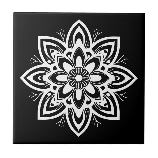 Mandala Flower Mönster i Black and White Kakelplatta (Framsidan)