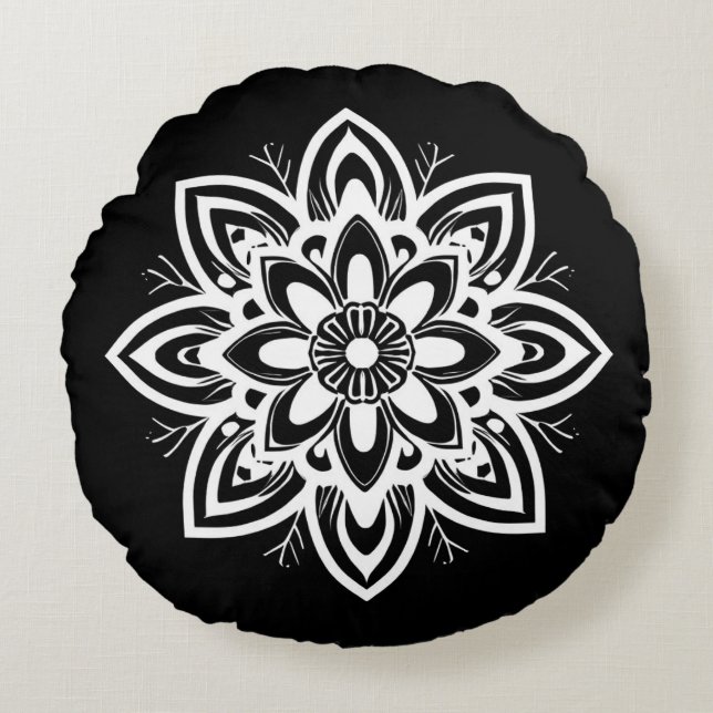 Mandala Flower Mönster i Black and White Rund Kudde (Framsidan)