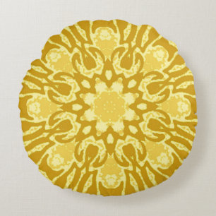 Mandala Flower Mönster - Mustard Guld och Gult Rund Kudde