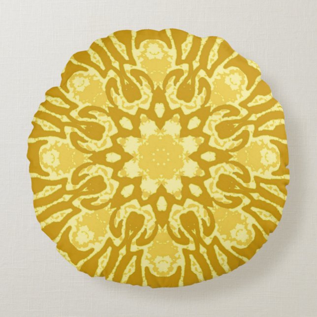 Mandala Flower Mönster - Mustard Guld och Gult Rund Kudde (Framsidan)