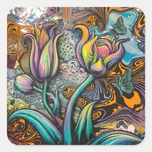 Mandala Flowers Fyrkantigt Klistermärke (Framsida)