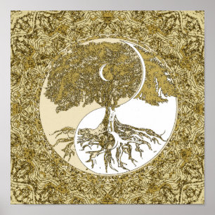 Mandala för livets trädYin Yang guld Poster