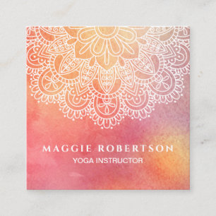 Mandala för vattenfärg för Yogainstruktör rosa Fyrkantigt Visitkort