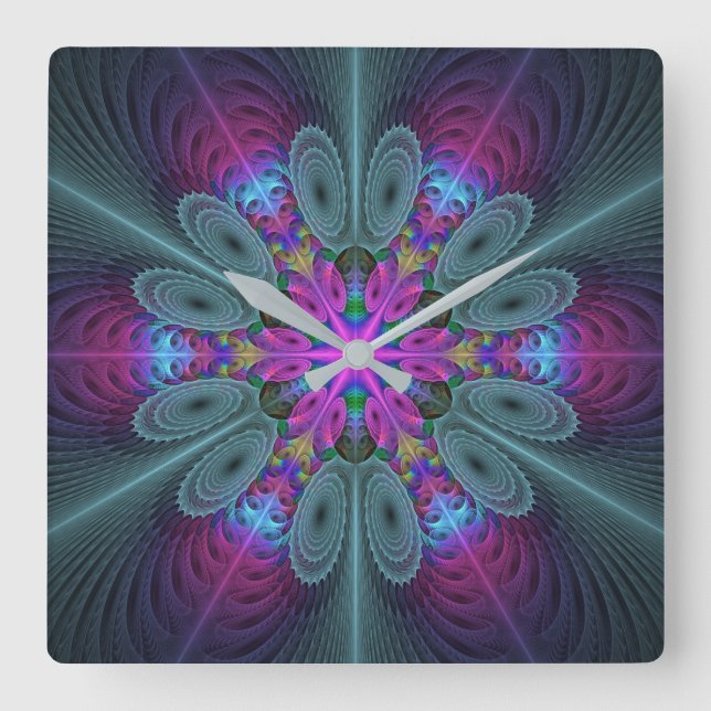 Mandala från mitten Färgrik fraktal konst med rosa Fyrkantig Klocka (Framsida)