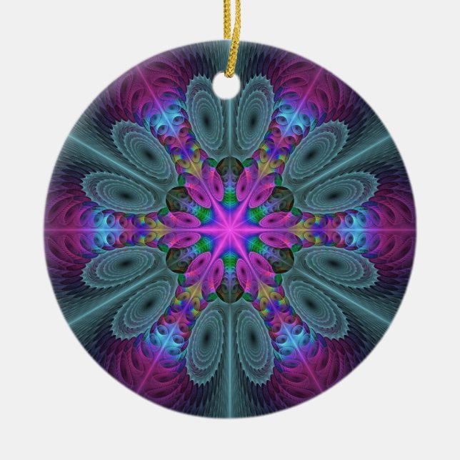 Mandala från mitten Färgrik fraktal konst med rosa Julgransprydnad Keramik (Framsidan)