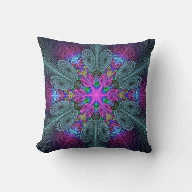 Mandala från mitten Färgrik fraktalkonst med rosa Kudde (Framsida)