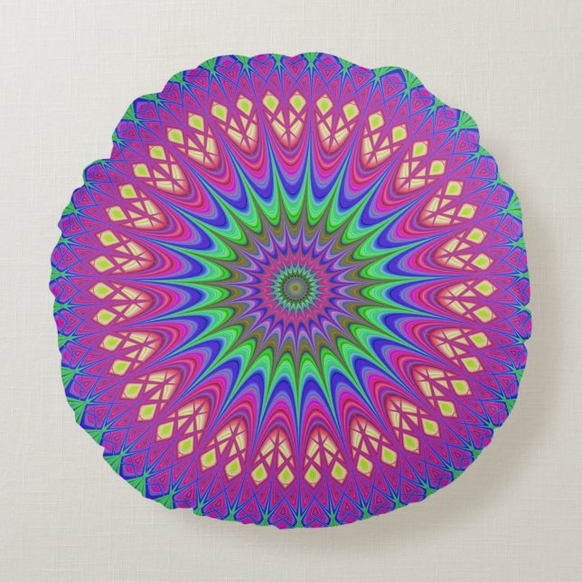 Mandala Geometric Psychedelic Retro Hippie Rund Kudde (Framsidan)