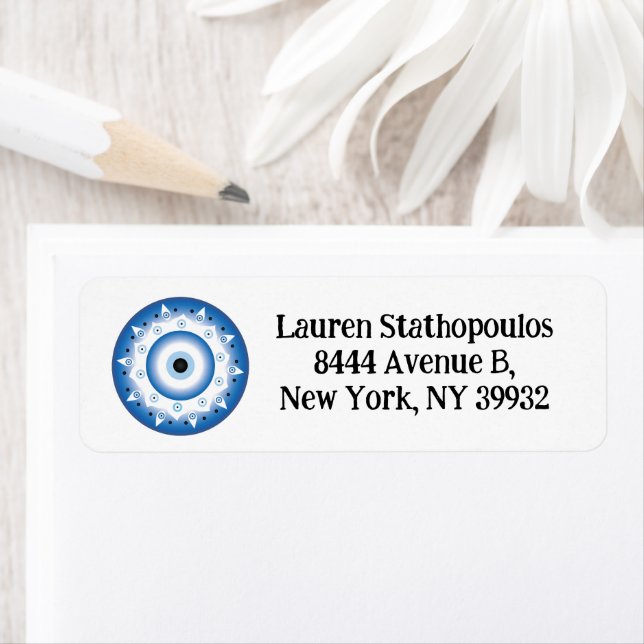 Mandala Grekiska Evil Öga Blue White Returadress Etikett (Insitu)
