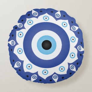 Mandala Grekiska Evil Öga Blue White Rund Kudde