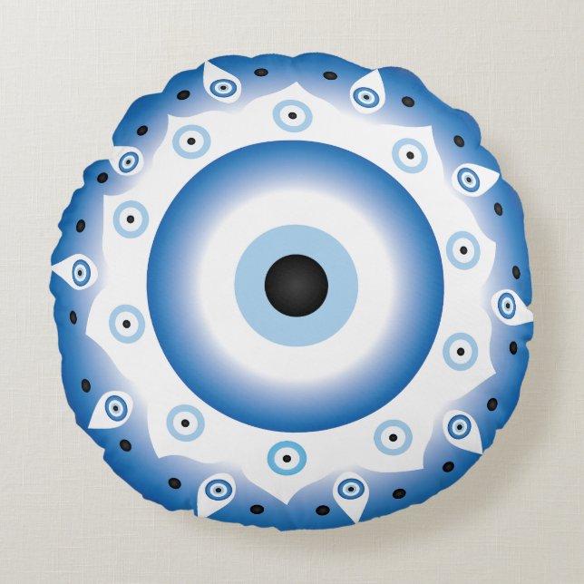 Mandala Grekiska Evil Öga Blue White Rund Kudde (Framsidan)
