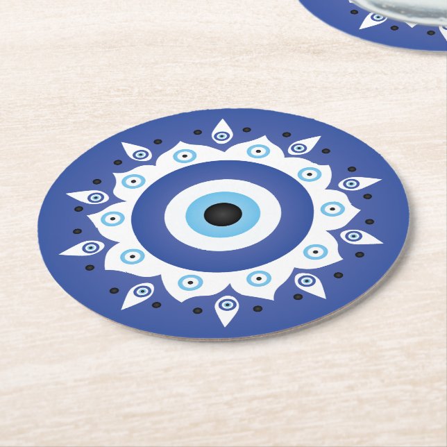 Mandala Grekiska Evil Öga Blue White Underlägg Papper Rund (Vinklad)