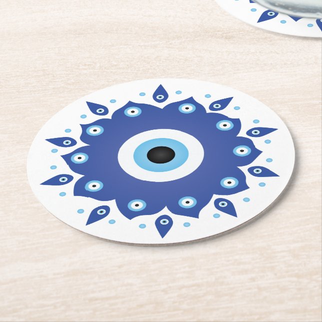 Mandala Grekiska Evil Öga Blue White Underlägg Papper Rund (Vinklad)
