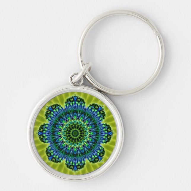 Mandala grön blå | ljusgrön blomma rund silverfärgad nyckelring (Framsidan)