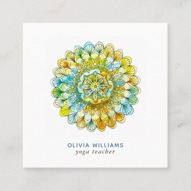 Mandala Grönt Gult Andlig Yoga-Affärskortet Fyrkantigt Visitkort (Framsida)