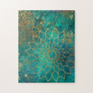 Mandala Grunge Guld på Teal Abstrakt Pussel