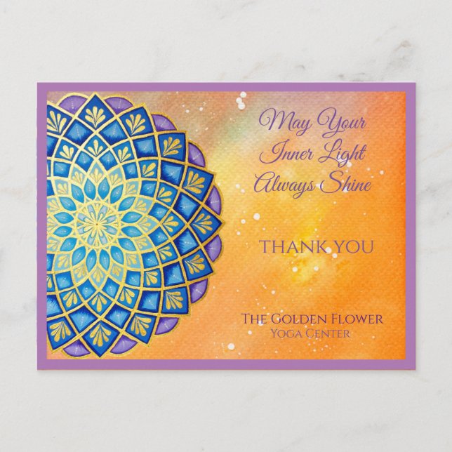 Mandala Guld Blue Lila Flower Yoga Business Vykort (Framsida)