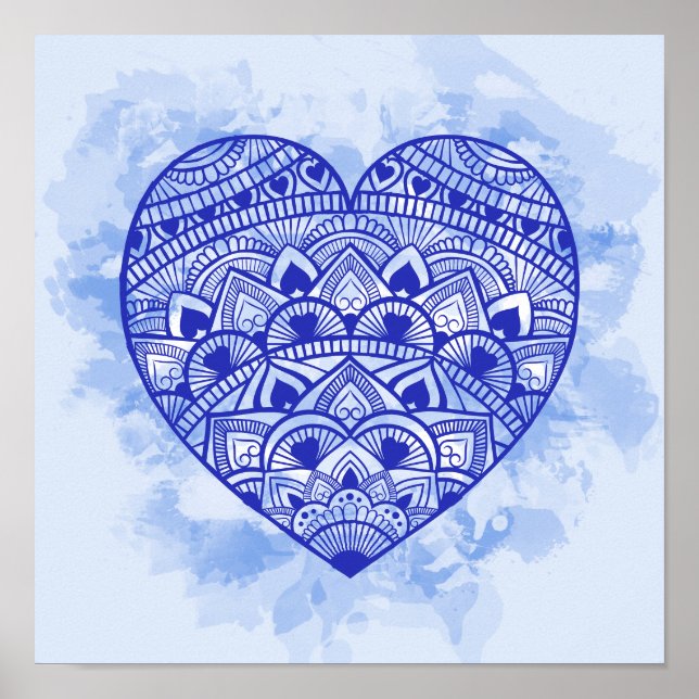 Mandala Heart Blue Watercolor Skriv ut Poster (Framsidan)