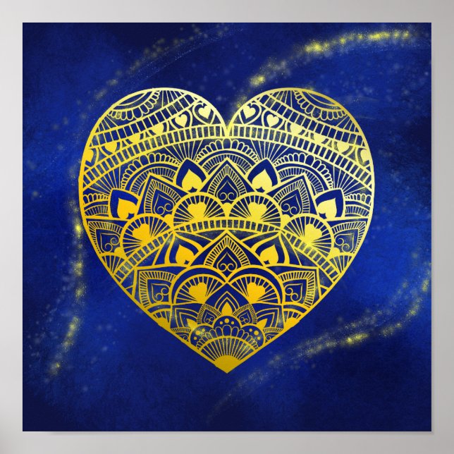 Mandala Heart Luminous Guld och Blue Print Poster (Framsidan)