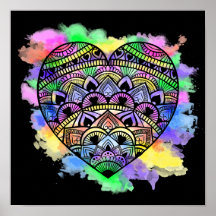 Mandala Heart Multifärgad Watercolor Skriv ut