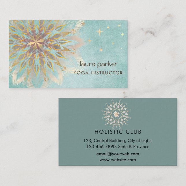 Mandala Holistic Lotus Blommigt Zen Yoga Teal Visitkort (Fram/baksida)