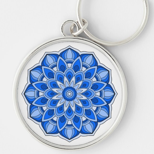 Mandala i blått rund silverfärgad nyckelring (Framsidan)