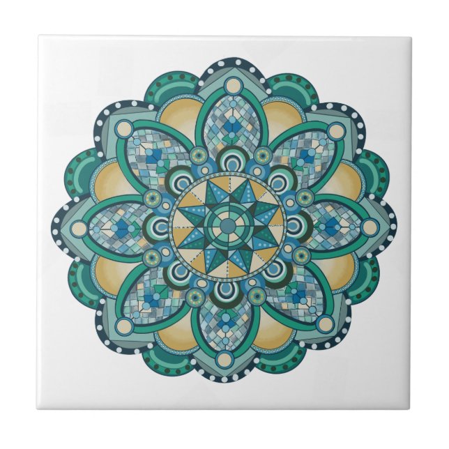 Mandala i blues, gröntar och guld kakelplatta (Framsidan)