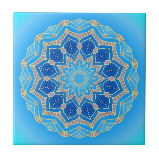 Mandala i elektriska blått och turkos kakelplatta (Framsidan)