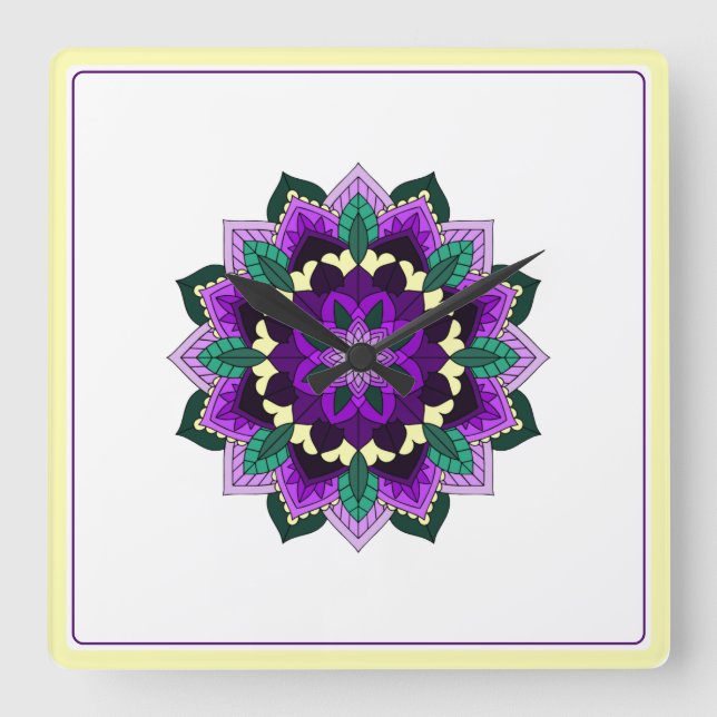 Mandala i lila fyrkantig klocka (Framsida)