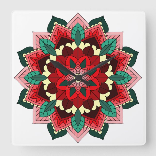 Mandala i rött fyrkantig klocka (Framsida)