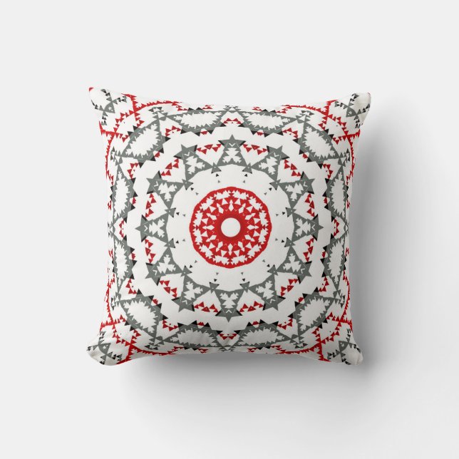 Mandala i vitt, rött och khaki. kudde (Framsida)