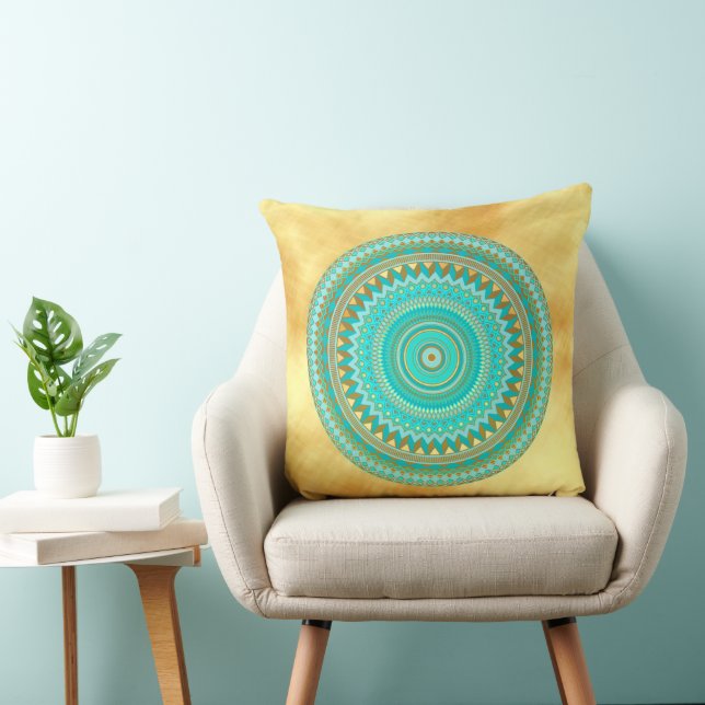 Mandala Iris blå brun guld på mjuk guld Bg Kudde (Stol)