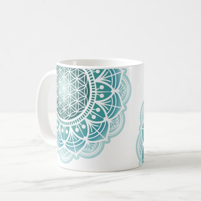 Mandala - Livets blomma - Turkos Kaffemugg (Framsida vänster)