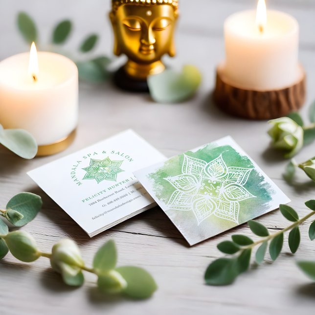 Mandala Lotus Flower Logotyp & Aqua Grönt Watercol Fyrkantigt Visitkort (Mandala Lotus Flower Logo & Aqua Green Watercolor Square Business Card)