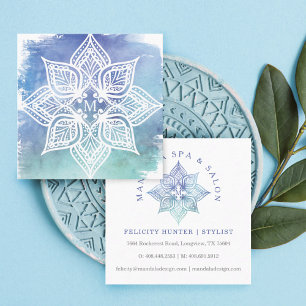 Mandala Lotus Flower Logotyp & Blue Teal Watercolo Fyrkantigt Visitkort