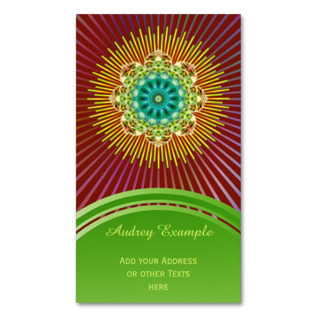 Mandala Lotus gult grönt + backgr. & idéer Magnetiska Visitkort (Framsida vertikal)