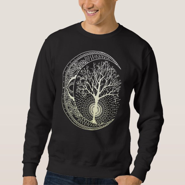 Mandala Måne Livets träd Tattoo Stil Lång Ärmad Tröja (Framsida)