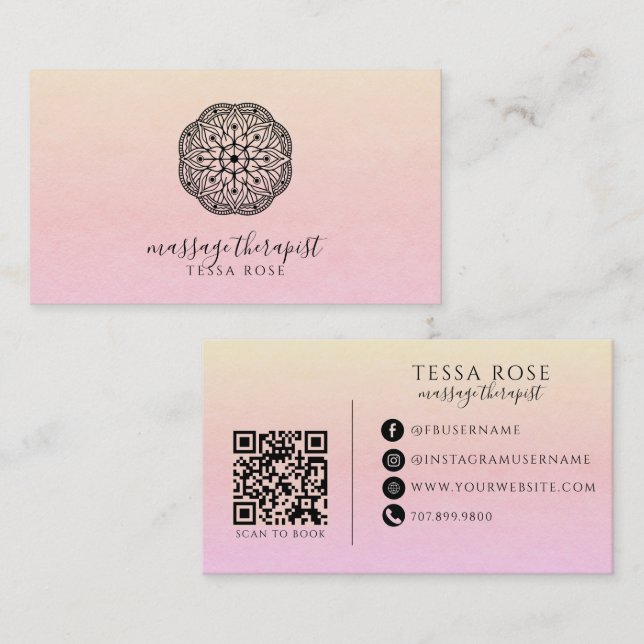Mandala Massage Terapeut QR-kod Pastell Gradient Visitkort (Fram/baksida)