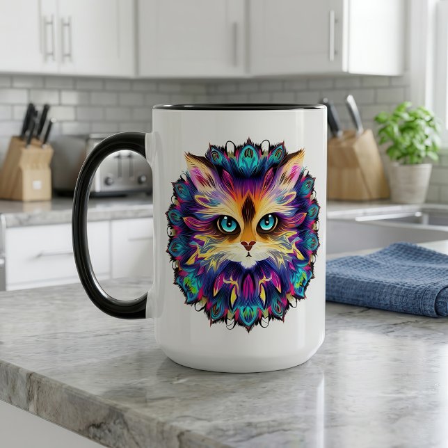 Mandala med sött hårig Cat porträtt Mugg (Mandala with cute furry Cat portrait. Mug)