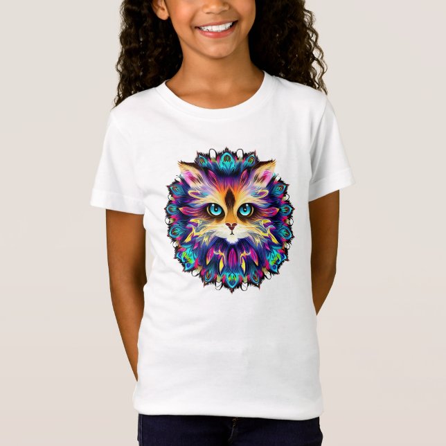 Mandala med sött hårig Cat porträtt T Shirt (Framsida)