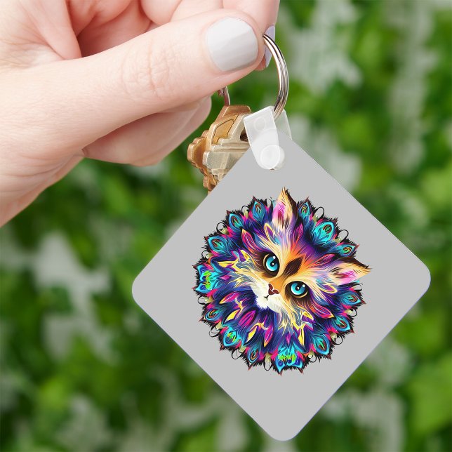 Mandala med sött lurvigt kattporträtt nyckelring (Mandala with cute furry Cat portrait. Keychain)