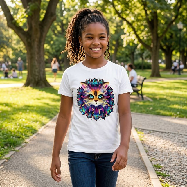 Mandala med sött lurvigt kattporträtt t shirt (Mandala with cute furry Cat portrait. Girl Basic White T-Shirt )