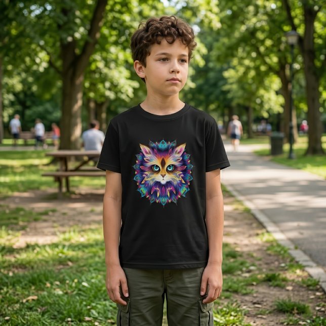 Mandala med sött lurvigt kattporträtt t shirt (Mandala with cute furry Cat portrait. Boy Basic Black T-Shirt)