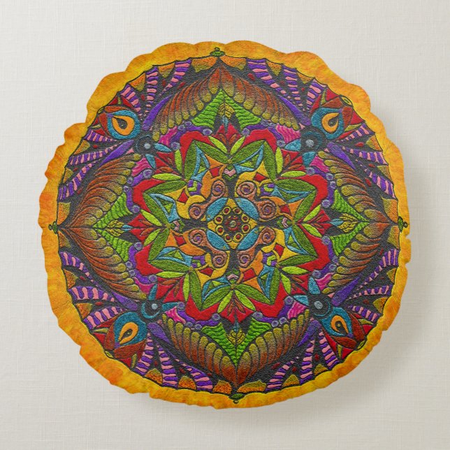 Mandala Meditation Golv Pillow Cushion Solros Rund Kudde (Framsidan)