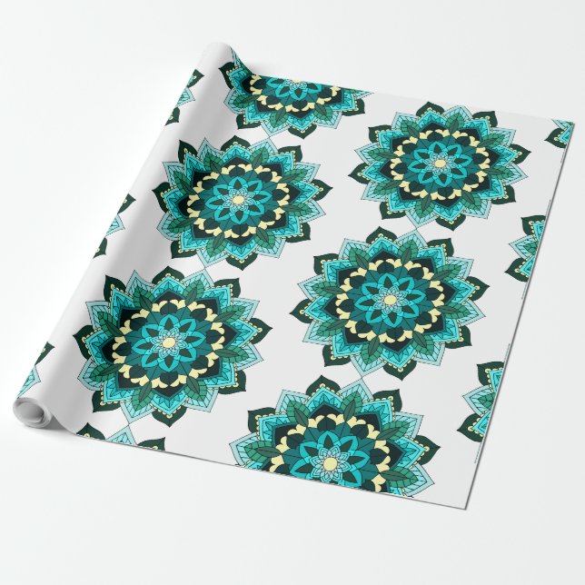 Mandala Mönster 02 i aqua Presentpapper (Utrullad)