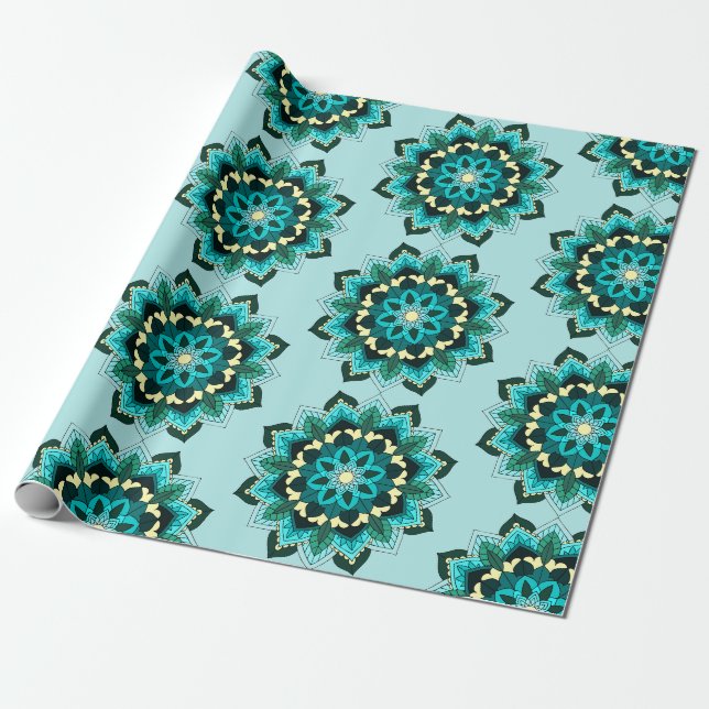 Mandala Mönster 02 i aqua Presentpapper (Utrullad)